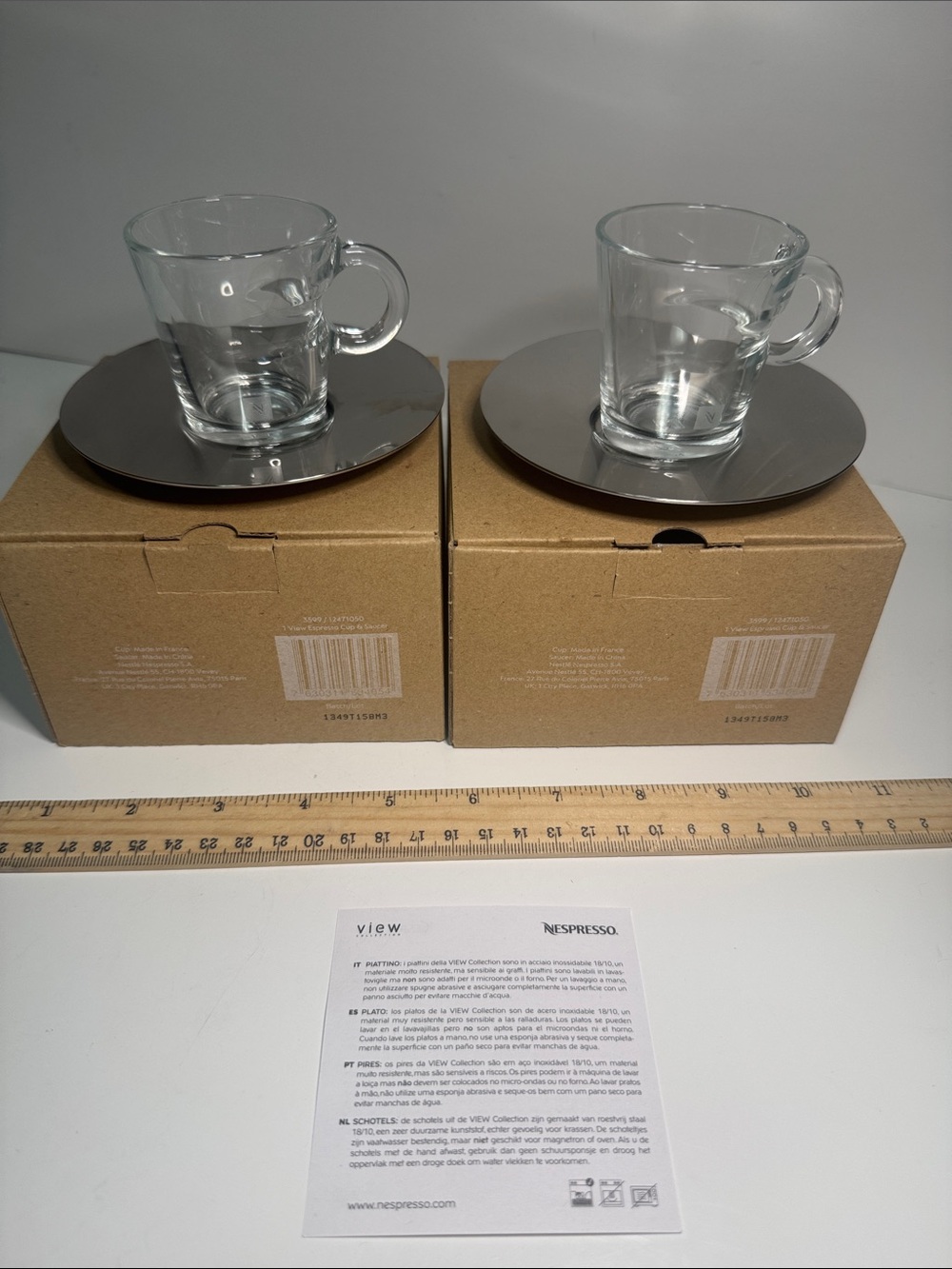 ☕ cute pair Nespresso brand espresso clear glass cups & stainless steel saucers